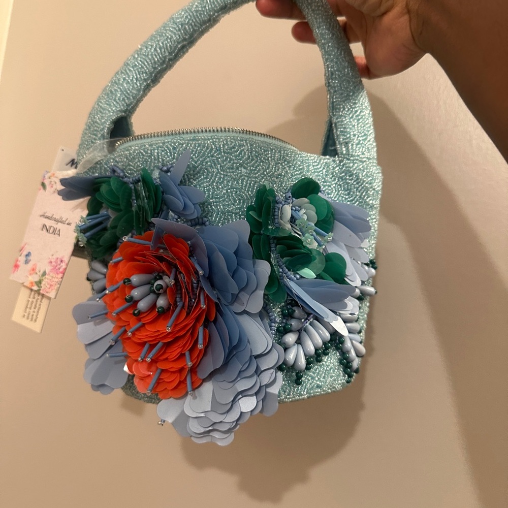 Viral Floral Embellished Blue and Green Handbag